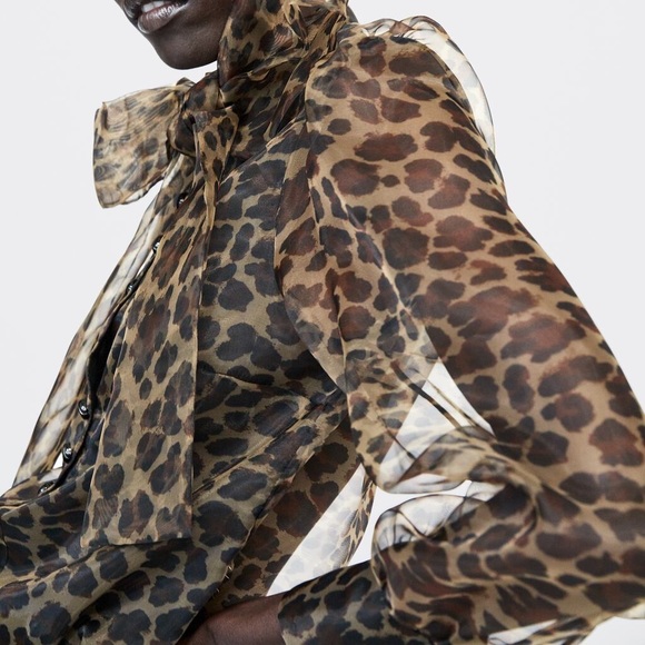 Zara ANIMAL PRINT Semi-Sheer BLOUSE W/TIE Neck LEOPARD CHEETAH BROWN/BLACK NEW - Picture 4 of 8